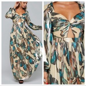 BEBE Twist Front Metallic Sleeveless Cut Out Gown